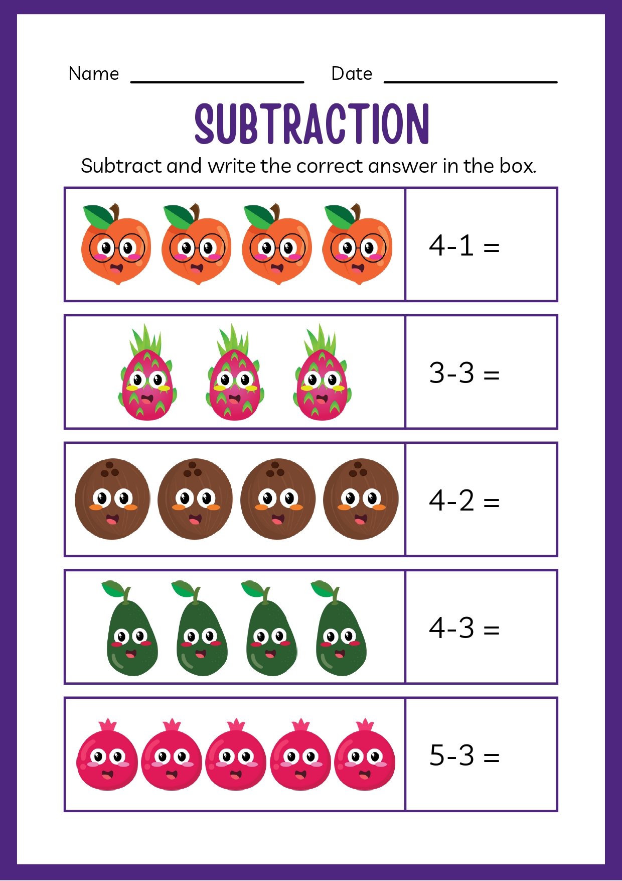 Subtraction Worksheet Page 3