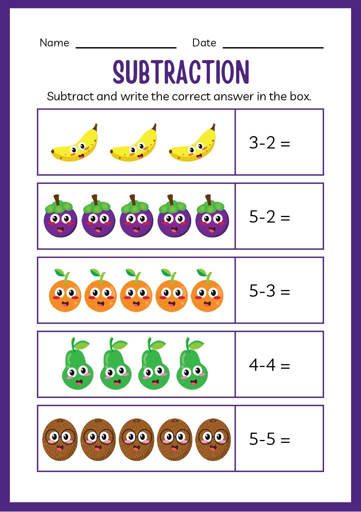 Subtraction worksheet activity preview