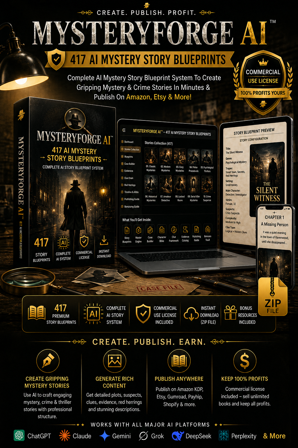 MysteryForge AI product mockup showing a mystery story blueprint