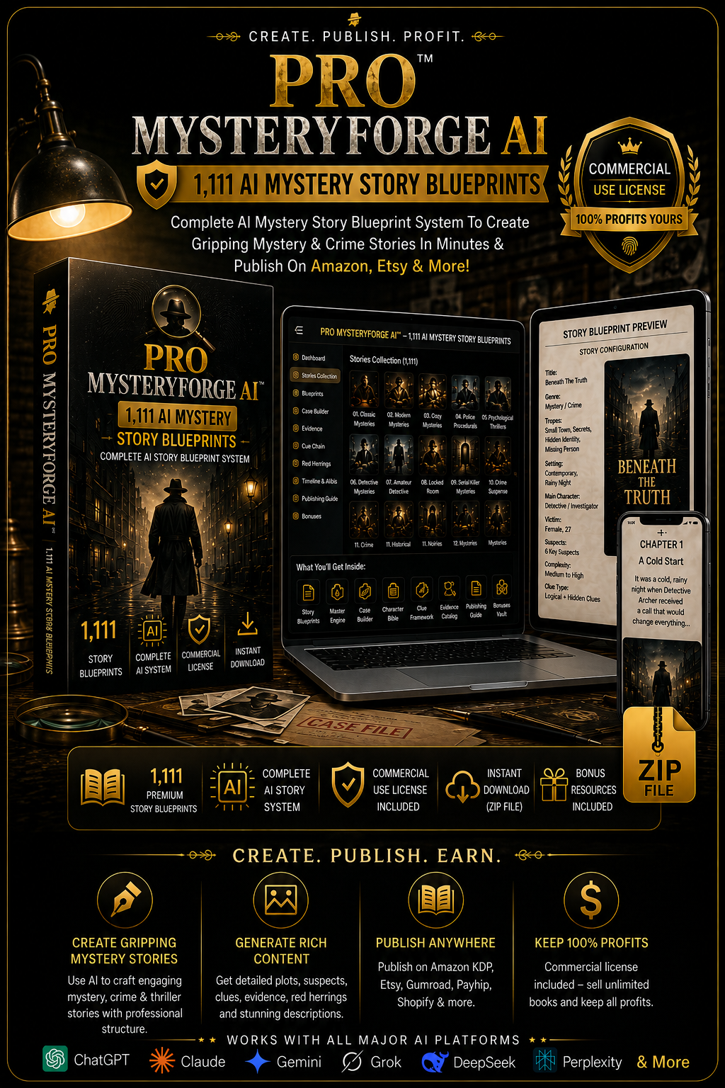 MysteryForge AI product mockup showing a mystery story blueprint