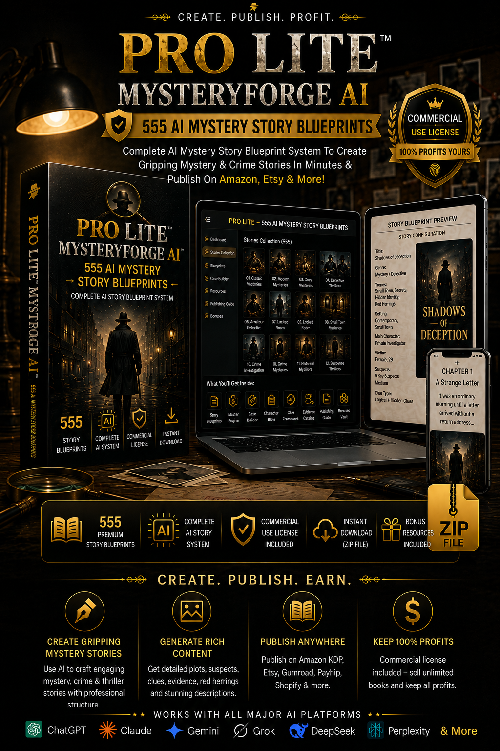 MysteryForge AI product mockup showing a mystery story blueprint