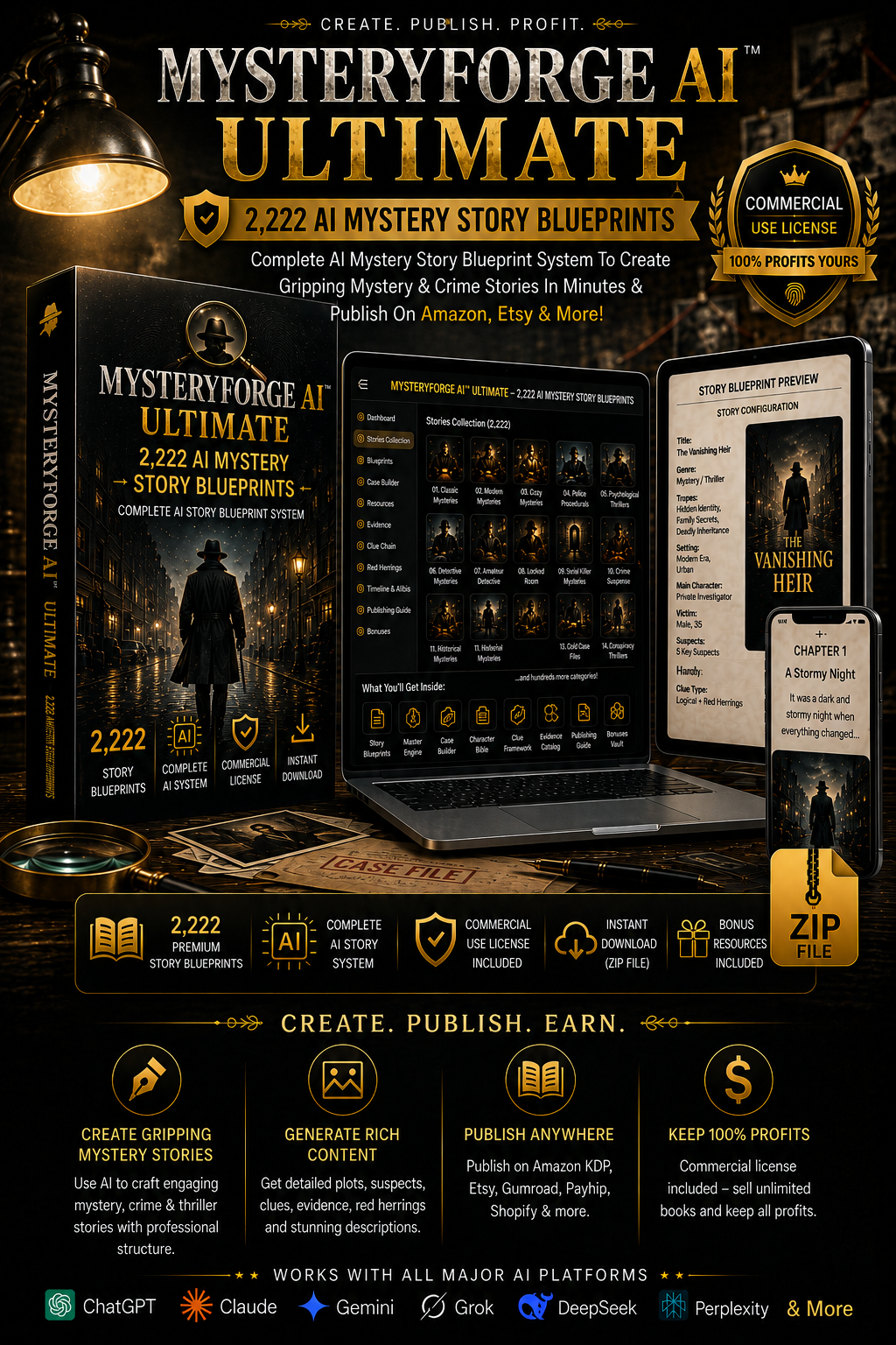 MysteryForge AI product mockup showing a mystery story blueprint