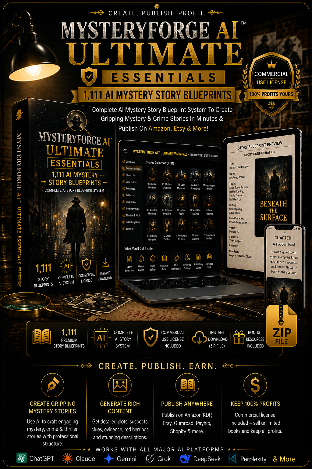 MysteryForge AI product mockup showing a mystery story blueprint