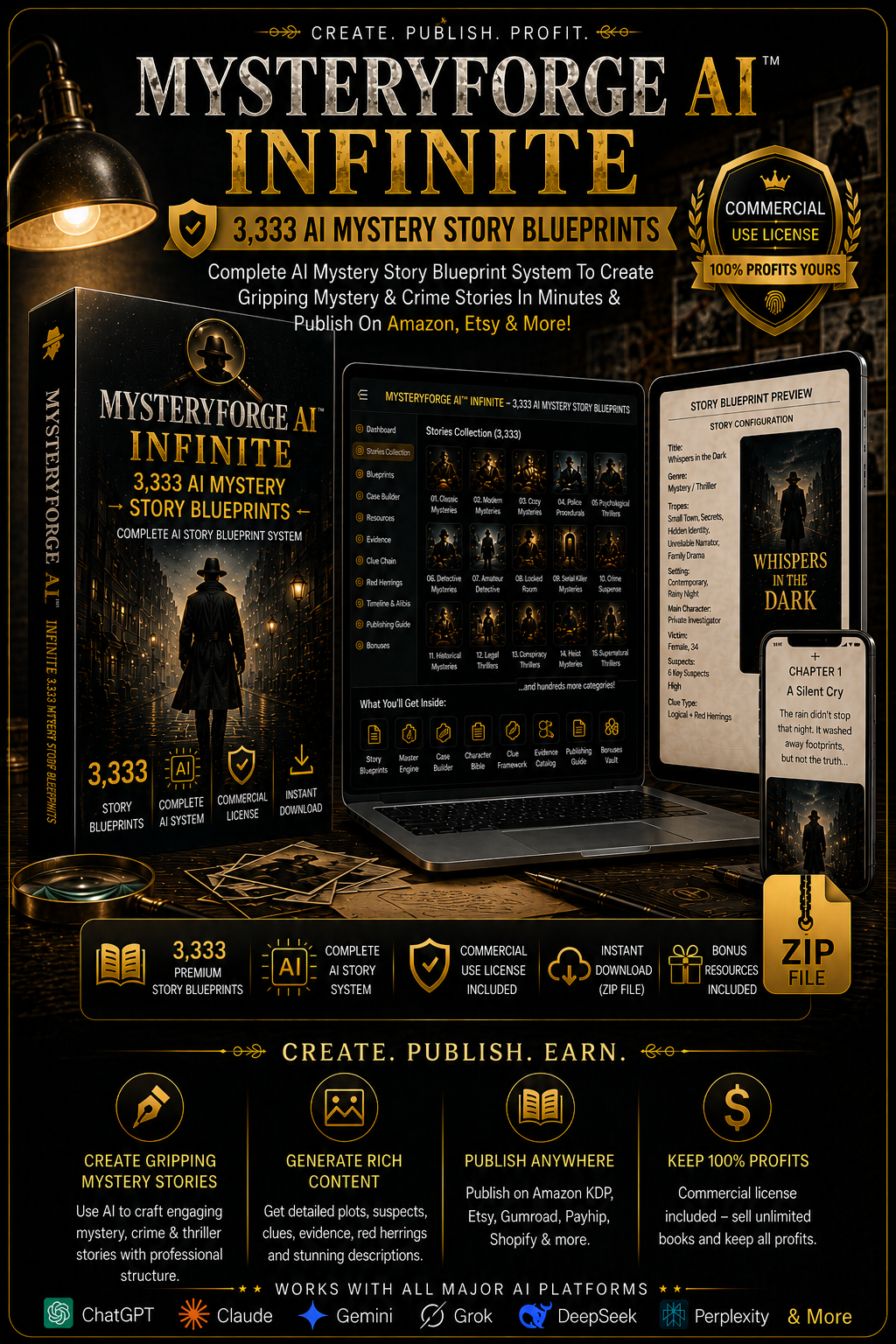 MysteryForge AI product mockup showing a mystery story blueprint