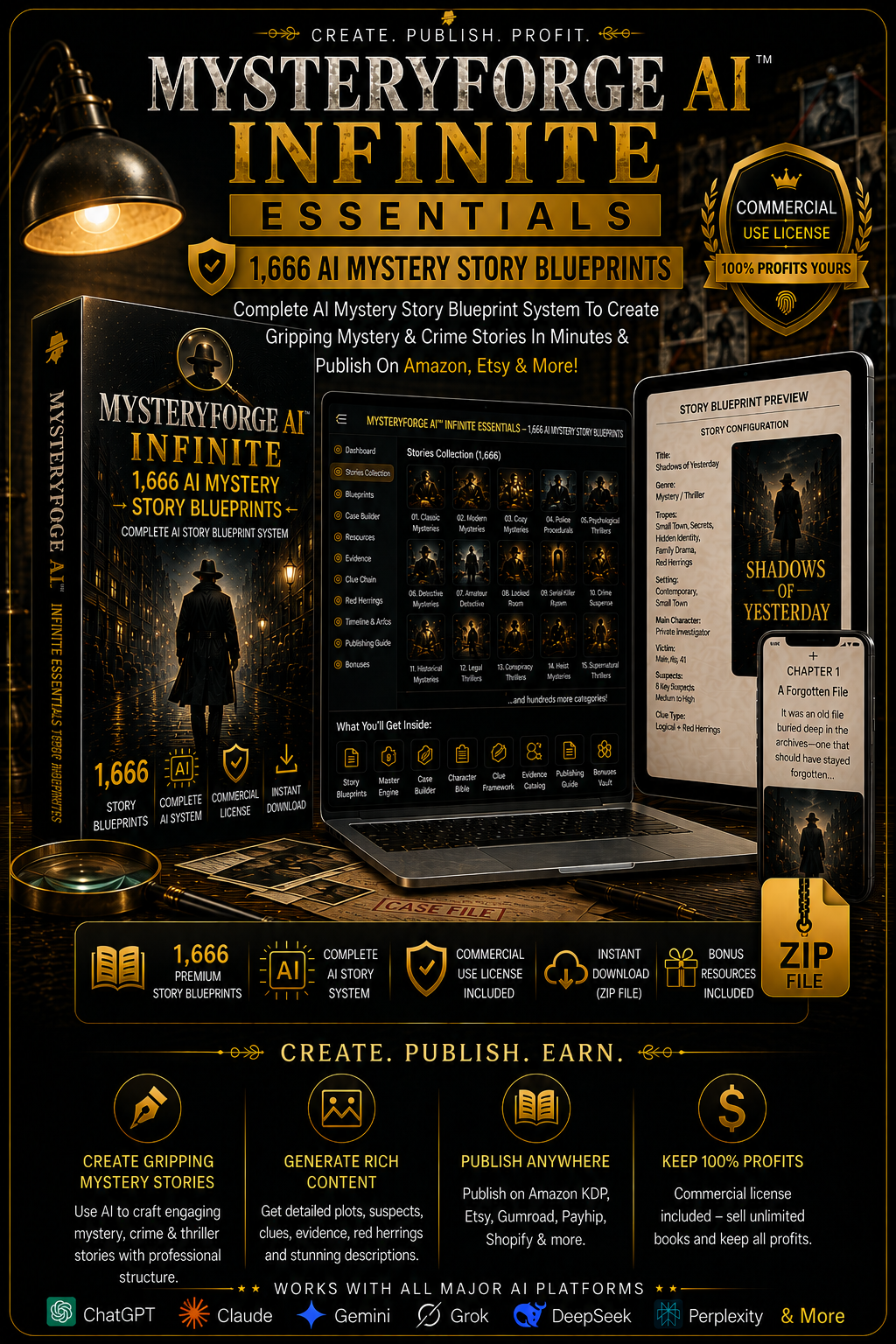 MysteryForge AI product mockup showing a mystery story blueprint