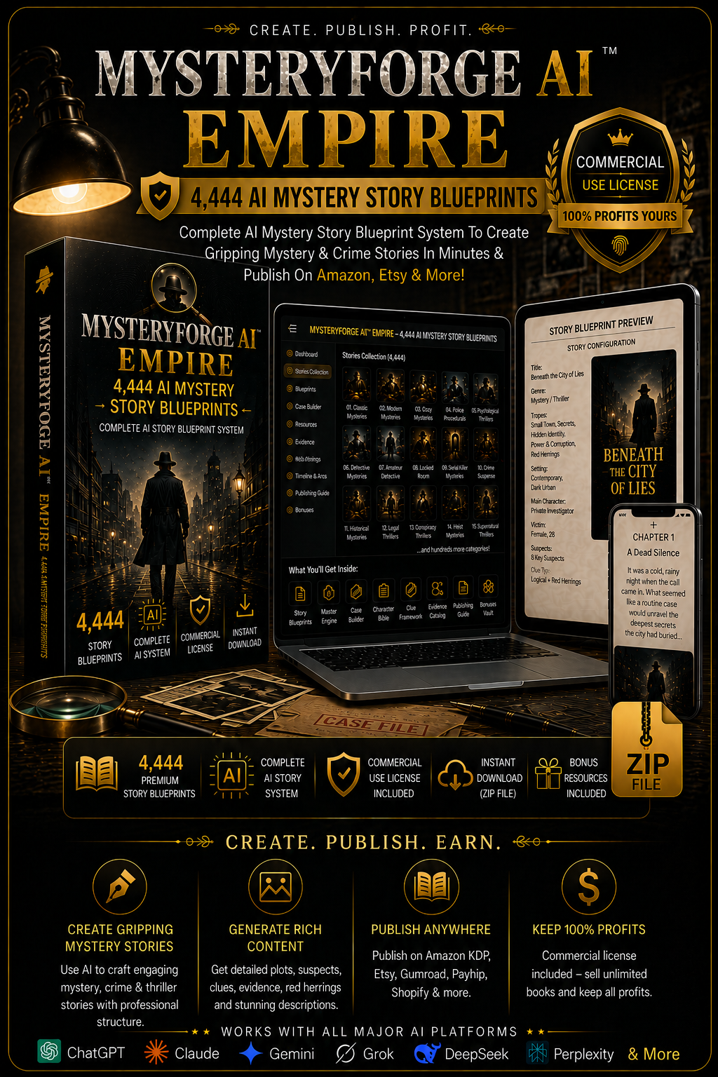 MysteryForge AI product mockup showing a mystery story blueprint