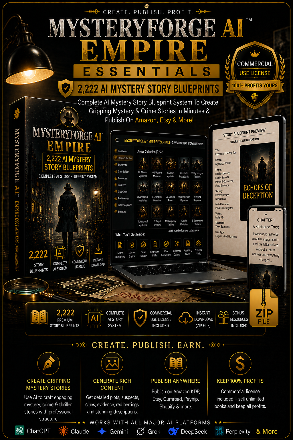 MysteryForge AI product mockup showing a mystery story blueprint