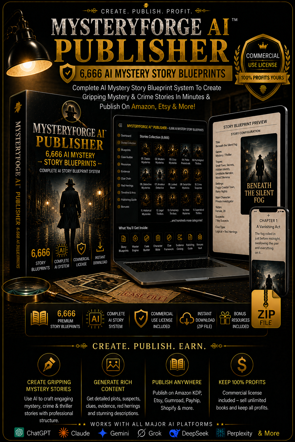MysteryForge AI product mockup showing a mystery story blueprint