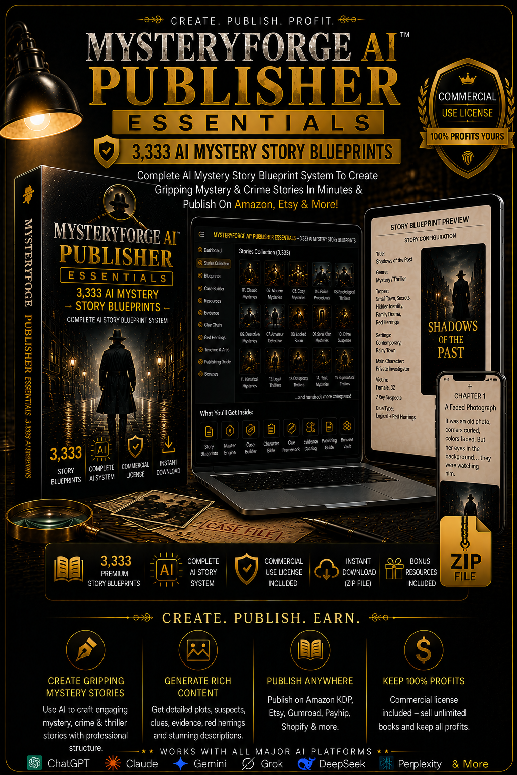 MysteryForge AI product mockup showing a mystery story blueprint