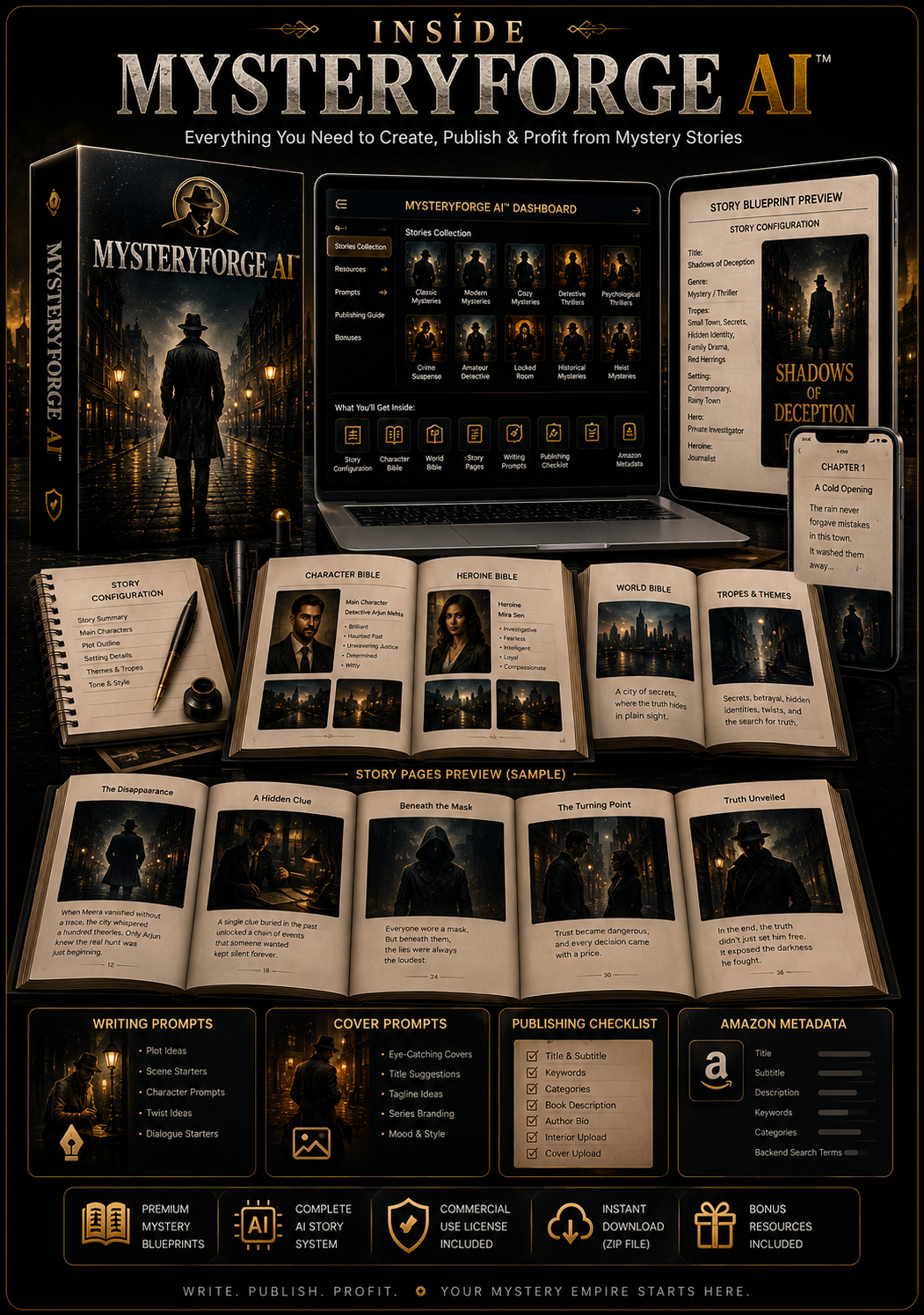 Exploded view of everything included in MysteryForge AI
