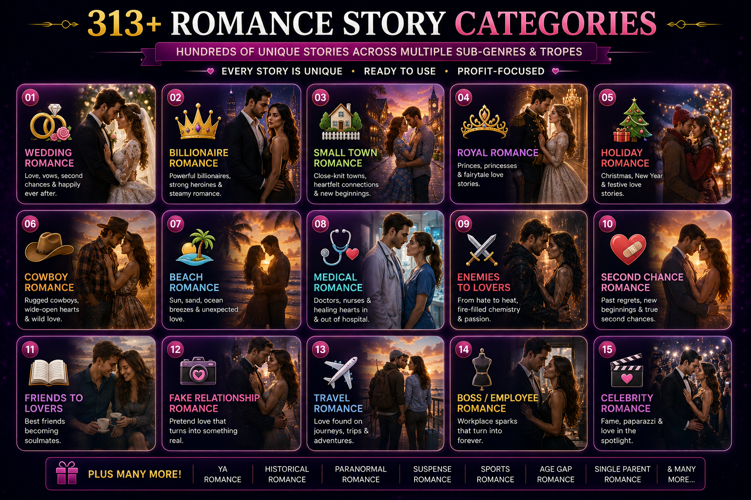 Grid preview of AI StoryForge romance story categories