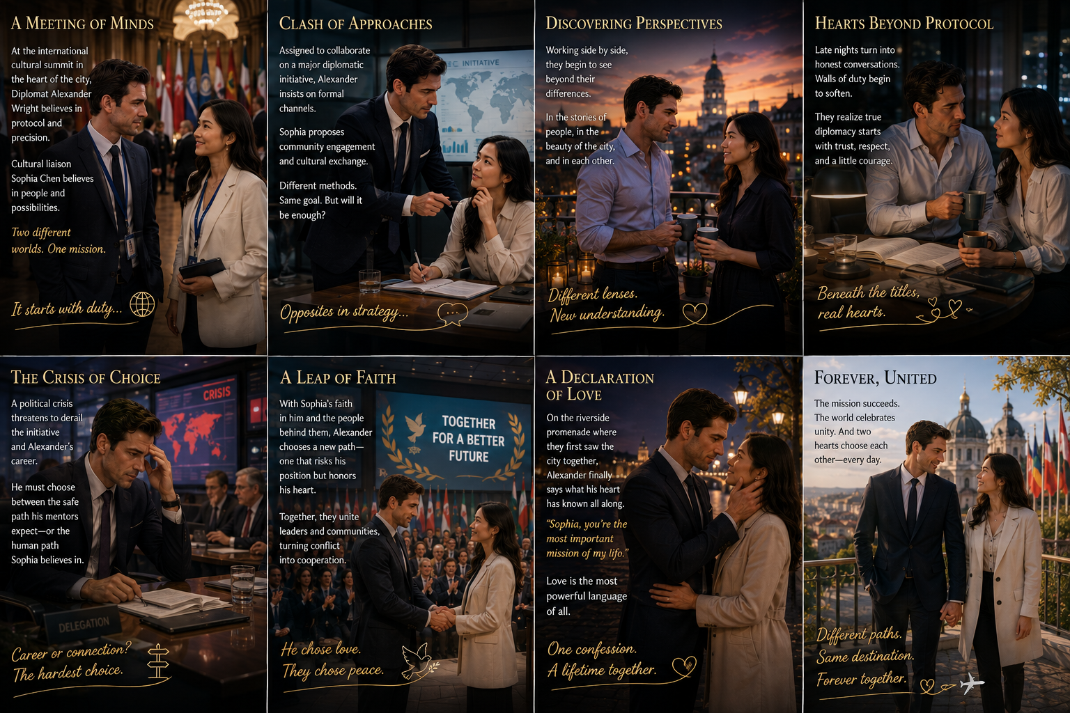 Illustrated story sample generated for a Diplomat Romance blueprint