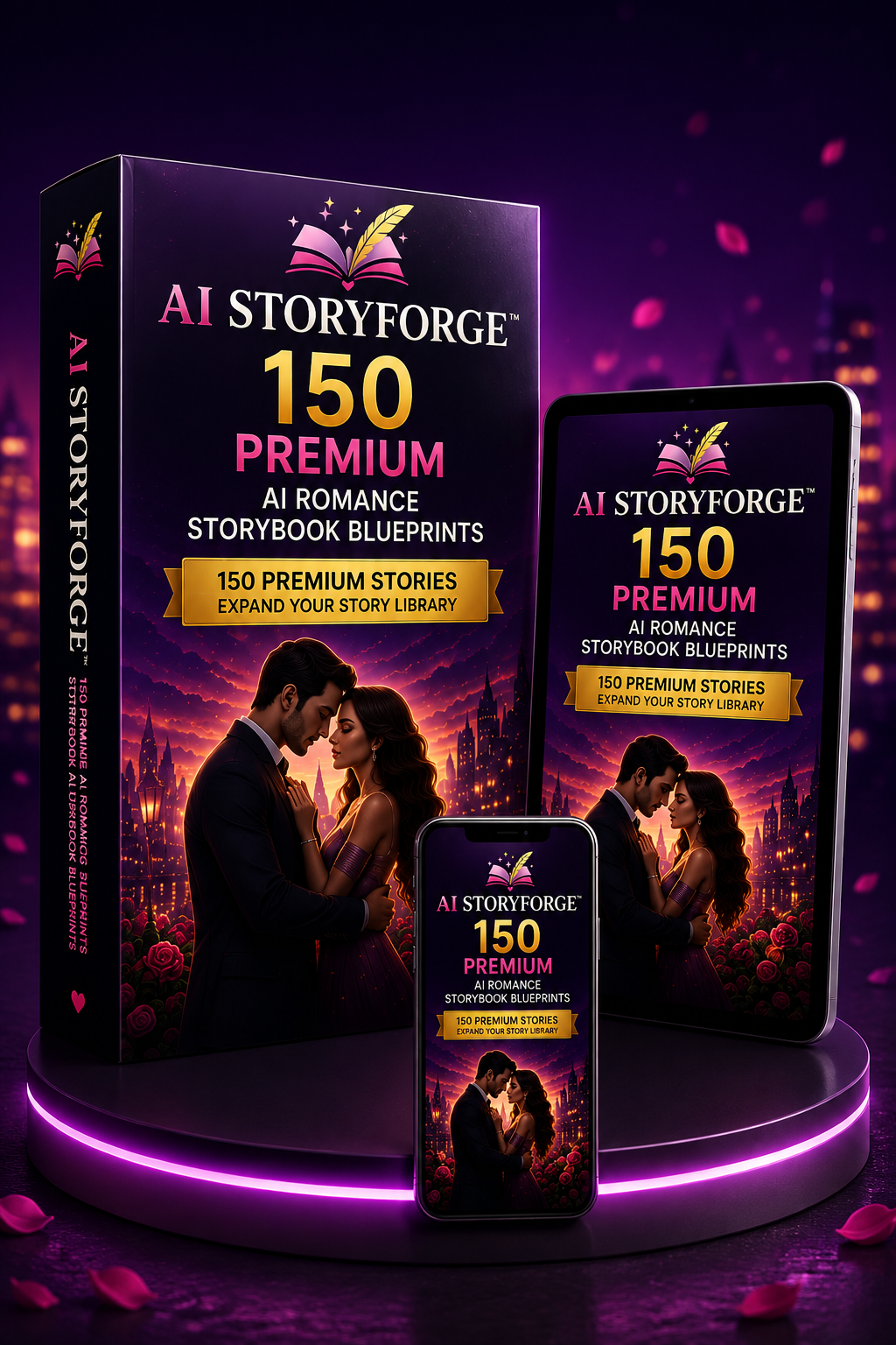 AI StoryForge Bonus Vault product mockup showing a romance storybook blueprint