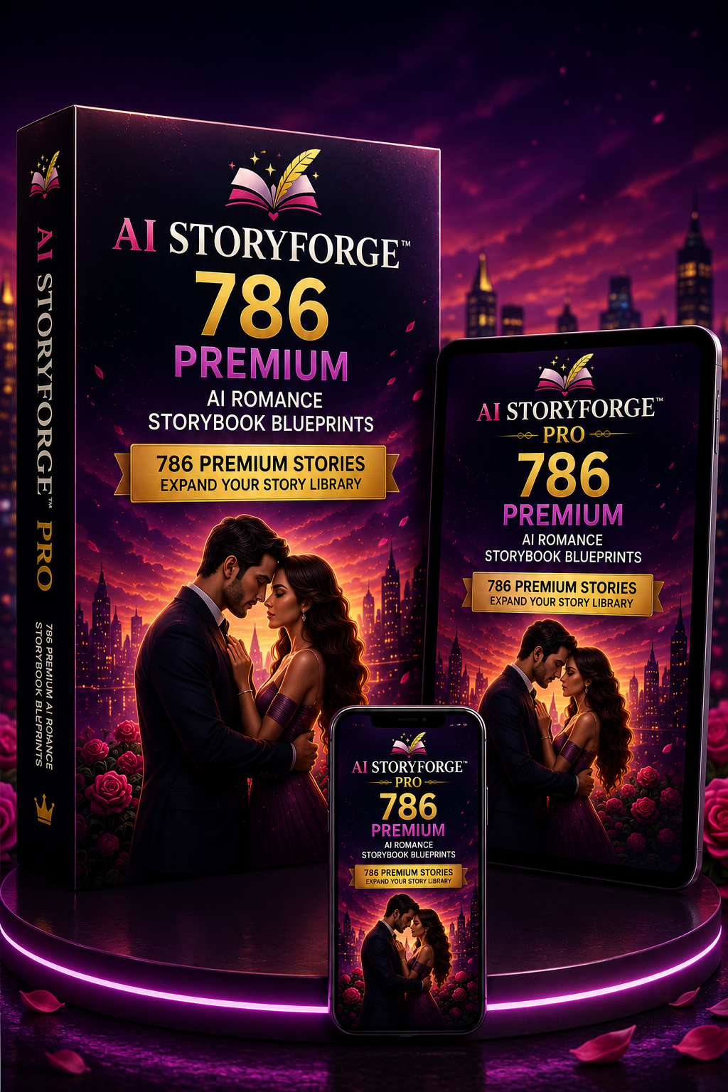AI StoryForge Pro product mockup showing a romance storybook blueprint