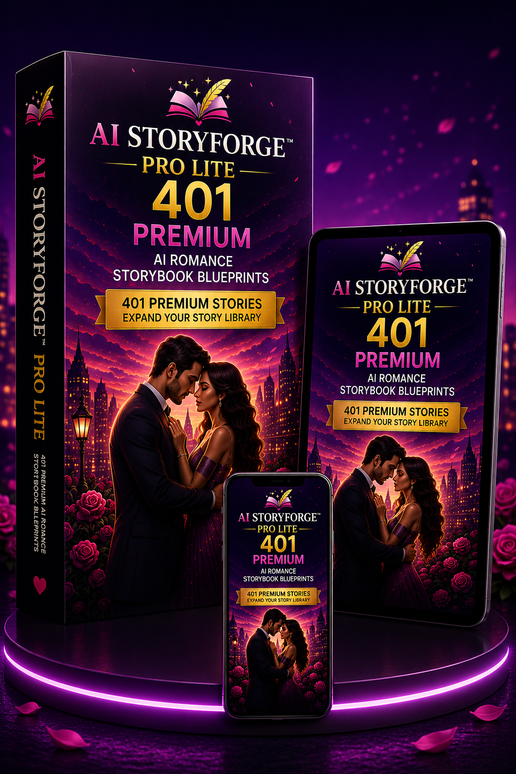 AI StoryForge Pro Lite product mockup showing a romance storybook blueprint