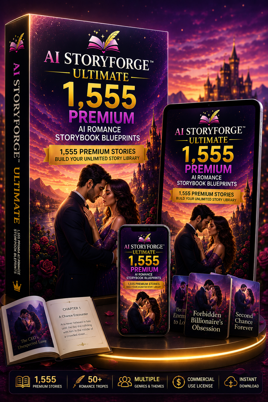 AI StoryForge Ultimate product mockup showing a romance storybook blueprint