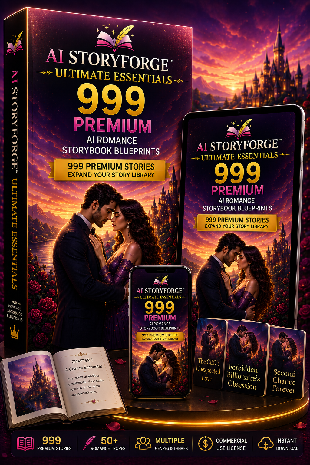 AI StoryForge Ultimate Essentials product mockup showing a romance storybook blueprint