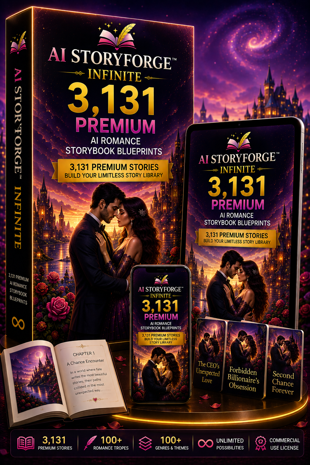 AI StoryForge Infinite product mockup showing a romance storybook blueprint