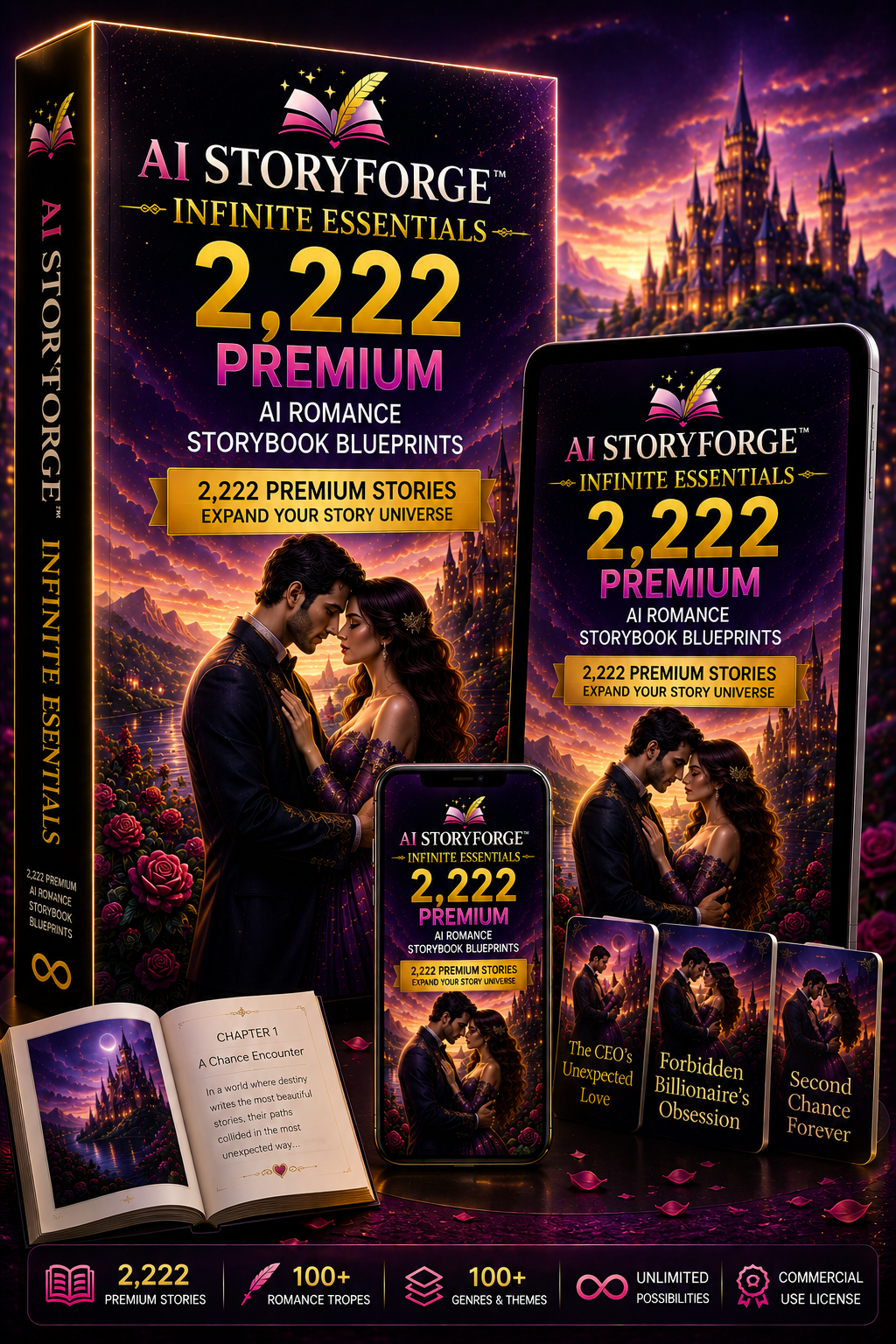 AI StoryForge Infinite Essentials product mockup showing a romance storybook blueprint