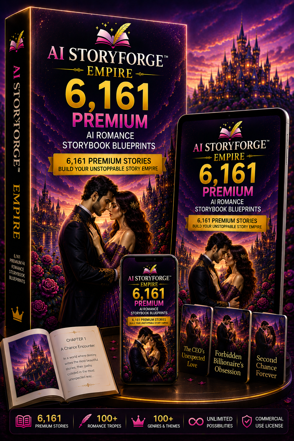 AI StoryForge Empire product mockup showing a romance storybook blueprint