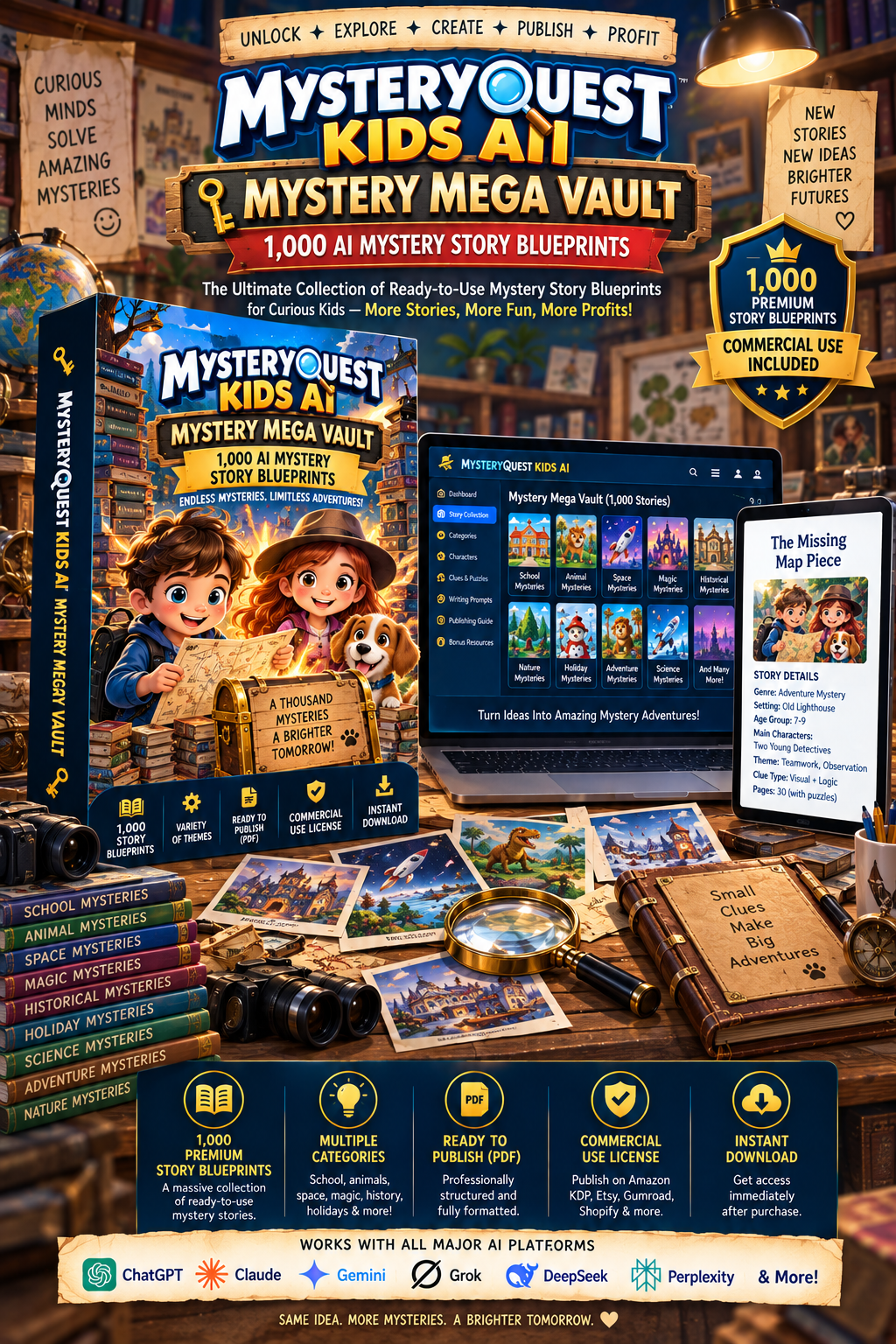 Mystery Mega Vault product mockup showing a children's mystery case blueprint
