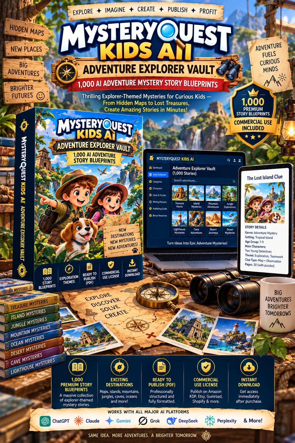 Adventure Explorer Vault product mockup showing a children's mystery case blueprint