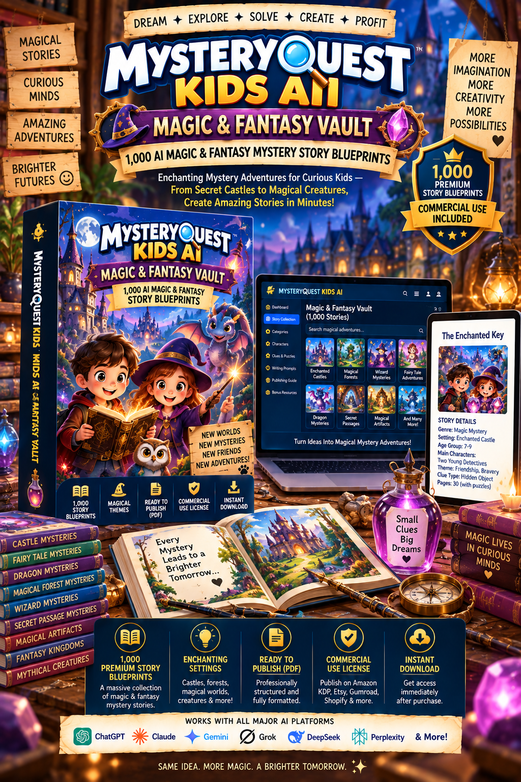 Magic & Fantasy Vault product mockup showing a children's mystery case blueprint