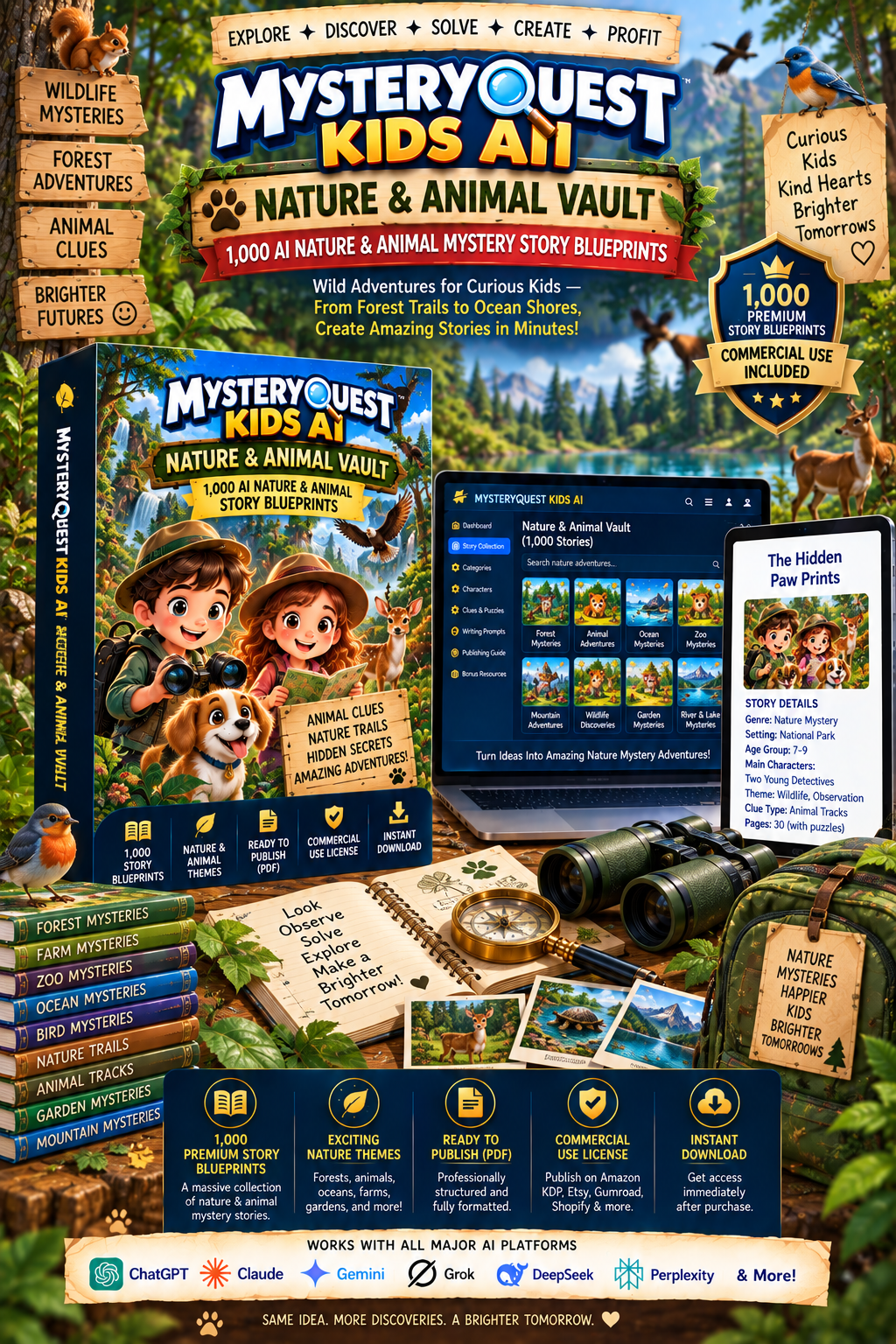 Nature & Animal Vault product mockup showing a children's mystery case blueprint