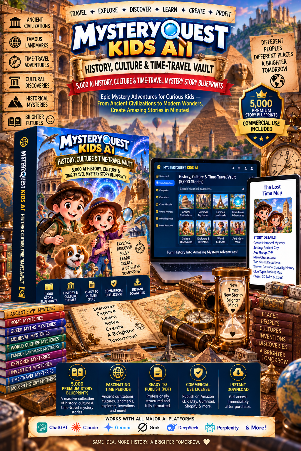 History, Culture & Time-Travel Vault product mockup showing a children's mystery case blueprint
