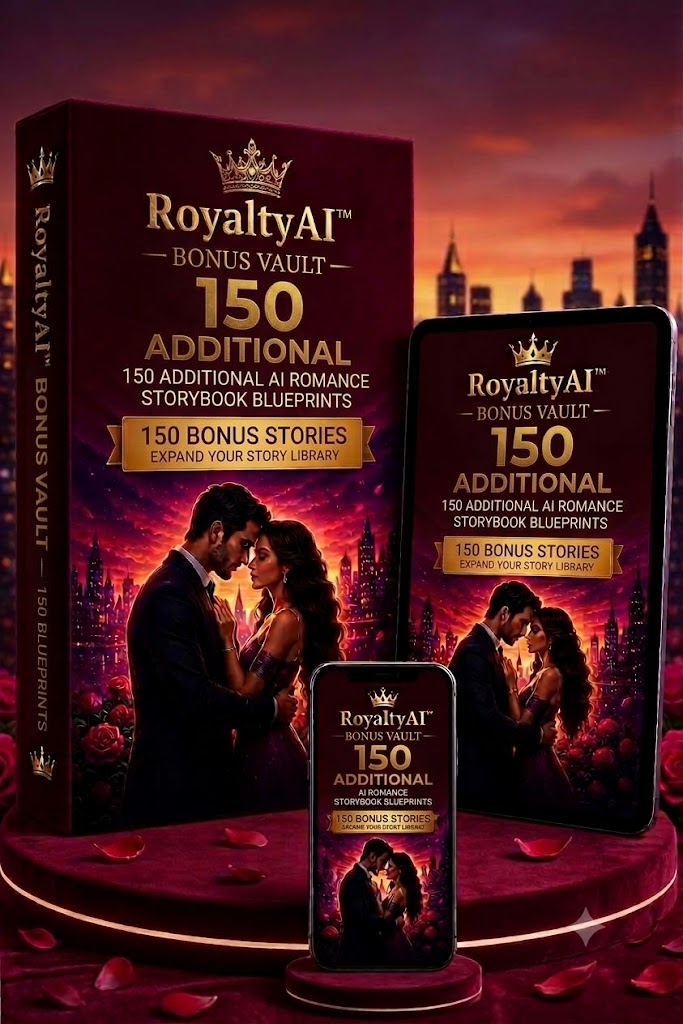 RoyaltyAI™ Bonus Vault product mockup showing a romance storybook blueprint