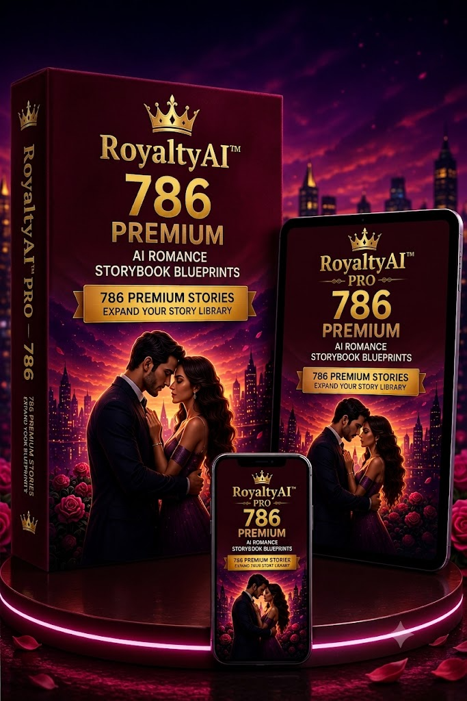 RoyaltyAI™ Pro product mockup showing a romance storybook blueprint