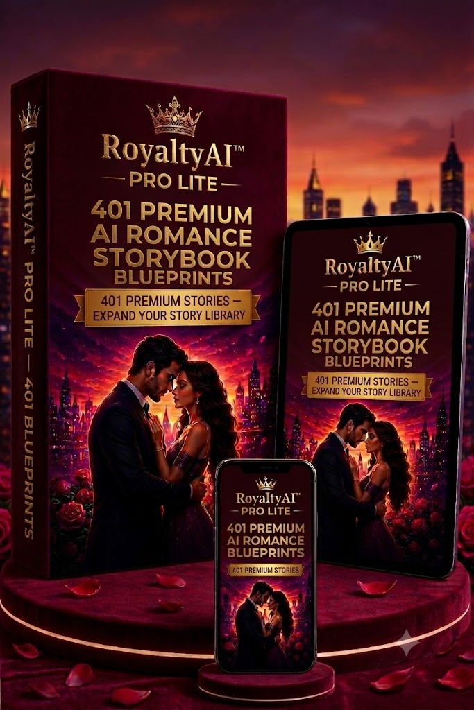 RoyaltyAI™ Pro Lite product mockup showing a romance storybook blueprint
