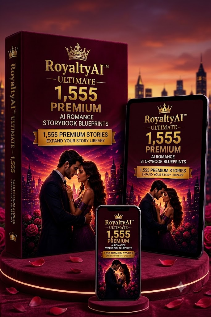 RoyaltyAI™ Ultimate product mockup showing a romance storybook blueprint