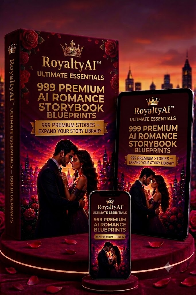 RoyaltyAI™ Ultimate Essentials product mockup showing a romance storybook blueprint