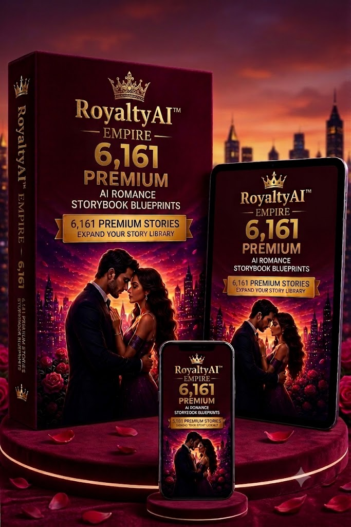 RoyaltyAI™ Empire product mockup showing a romance storybook blueprint