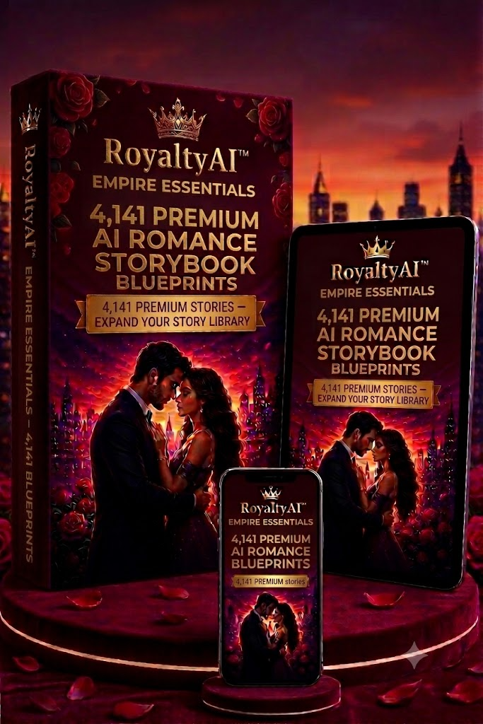 RoyaltyAI™ Empire product mockup showing a romance storybook blueprint